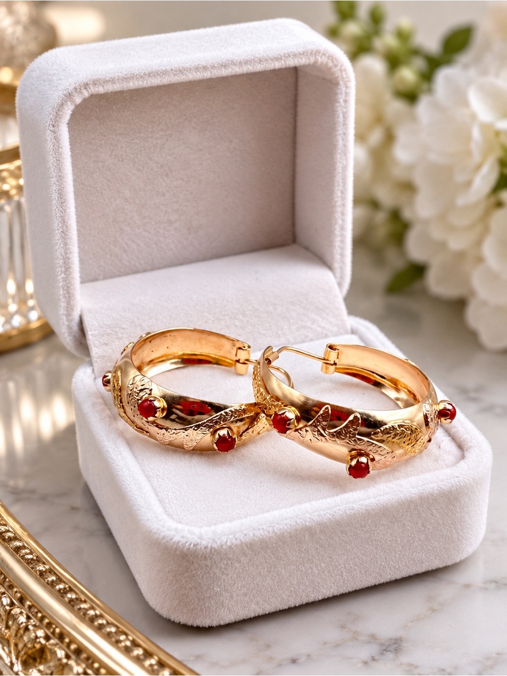 Vintage Italian 14K 585 Gold Blood Coral Hoop Earrings 8.08g